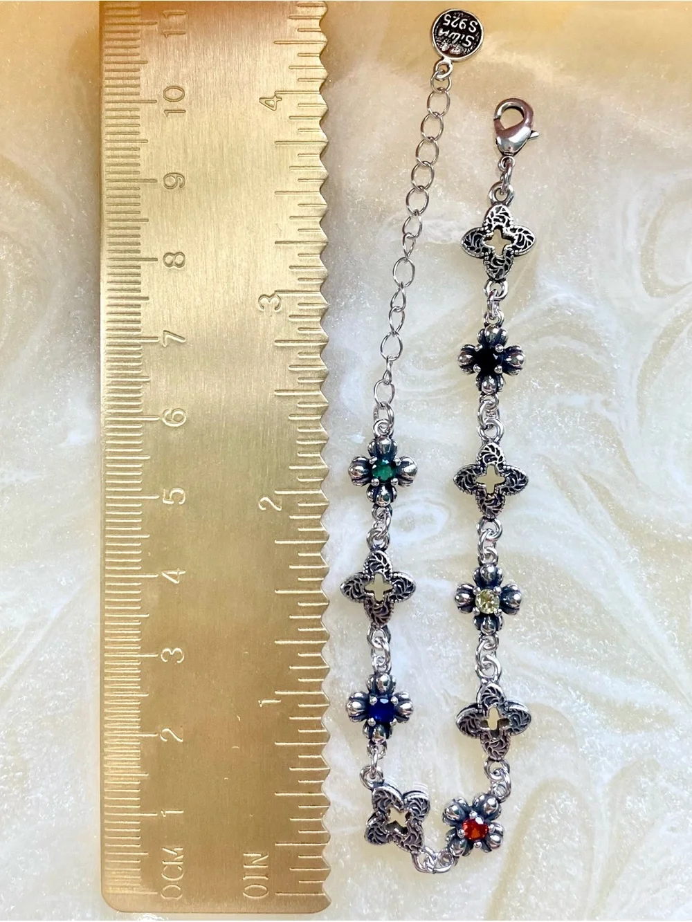 Sterling Silver Floral Multi-Gem Bracelet in Green, Red, Yellow, and Blue - Picture 3 of 5